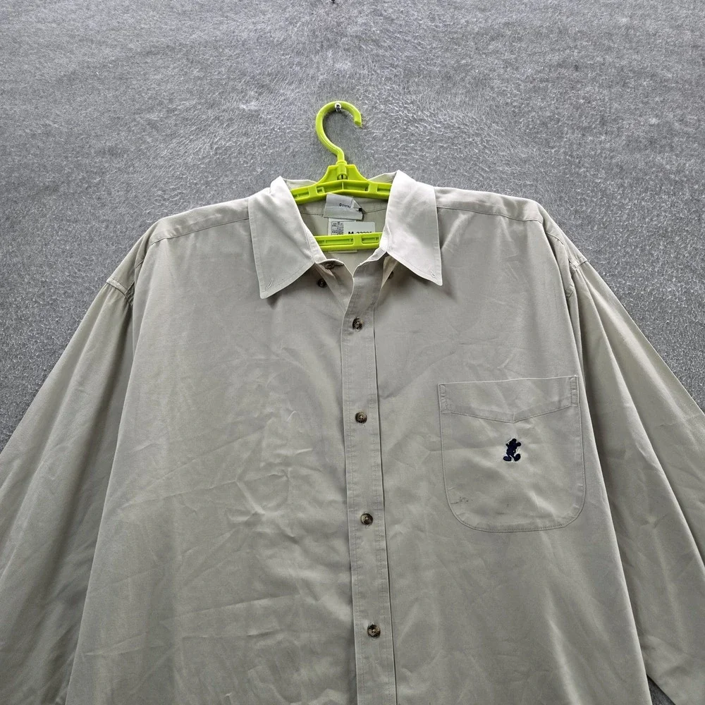 Disneyland Resort Men Button Up Shirt XXL Beige Embroidered Mickey Mouse READ